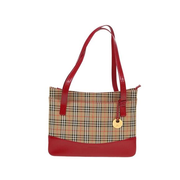 Pre Loved Burberry Red Leather Trim Tote Beige Check Pattern Women Tote Bags - Picture 2 of 8